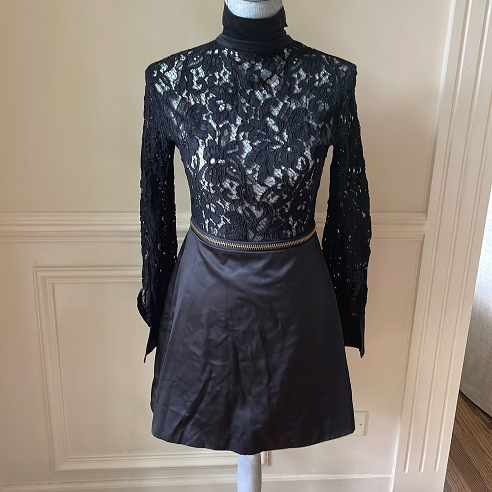 Alexis Satin and Lace Mini Dress with Gold zipper detail, worn once